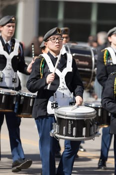 Chicago, Illinois, USA - April 29, 2018  Marching band from the Lane Tech High School performing at the Greek Independence  Day Parade