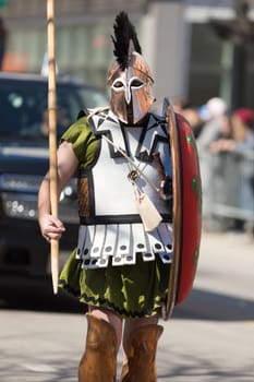 Chicago, Illinois, USA - April 29, 2018 Greek man dress up as spartan at the Greek Independence  Day Parade