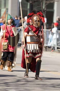 Chicago, Illinois, USA - April 29, 2018 Greek man dress up as spartan at the Greek Independence  Day Parade