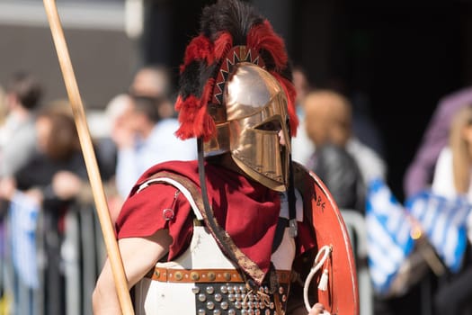 Chicago, Illinois, USA - April 29, 2018 Greek man dress up as spartan at the Greek Independence  Day Parade
