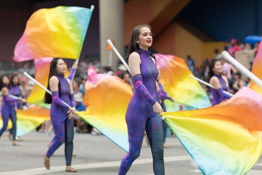 Indianapolis, Indiana, USA - May 26, 2018, Members of the Concord High School Marching Minutemen from Elkhart, Indiana perform at the Indy 500 Parade