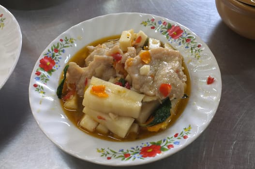 Stir fried  coconut shoot, fish ball , chilli with oyster sauce