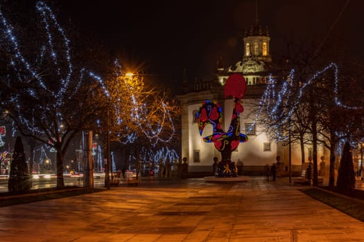 BARCELOS, PORTUGAL - CIRCA JAUARY 2019: View at the Pop Galo at night, public art inspired in the Barcelos cock, cosidered one of the most important symbols of Portuguese popular culture.