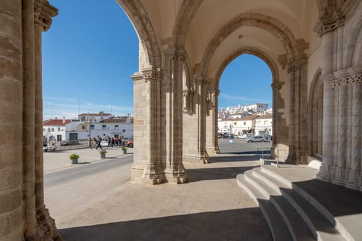 EVORA, PORTUGAL - CIRCA MARCH 2019: Facade of the church of St. Francis or Chapel of the Bones. Gothic style with some Manueline influences.