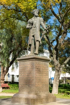 EVORA, PORTUGAL - CIRCA MARCH 2019: Statue of Vasco da Gama presented to Evora by the South African province of Natal in 1997 on the 500th anniversary of his discovery of Natal on Christmas day 1497.