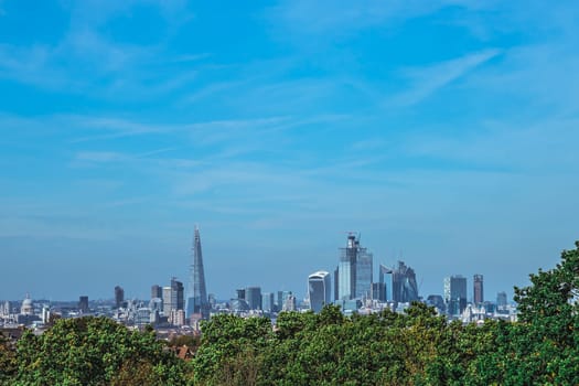 Skyscrapers in City of London as seen from the park in Forrest Hill