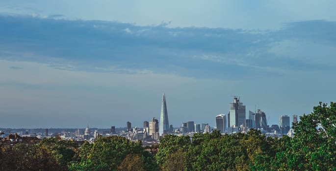 Skyscrapers in City of London as seen from the park in Forrest Hill