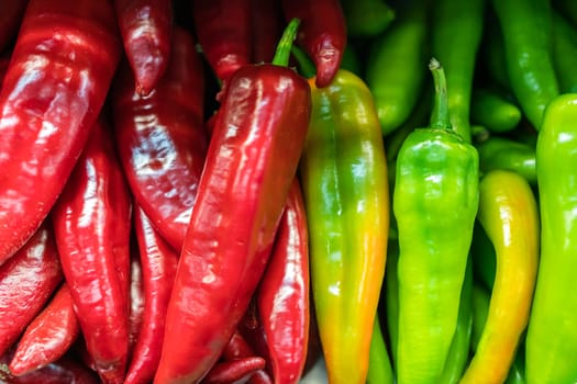Bunch of green and red hot chillies on sale in the market stand