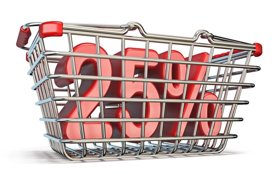 Steel shopping basket 25 PERCENT sign 3D render illustration isolated on white background
