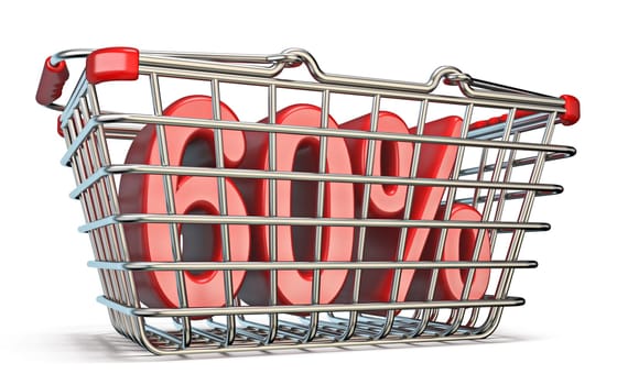 Steel shopping basket 60 PERCENT sign 3D render illustration isolated on white background