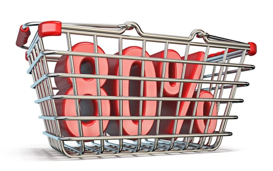 Steel shopping basket 80 PERCENT sign 3D render illustration isolated on white background