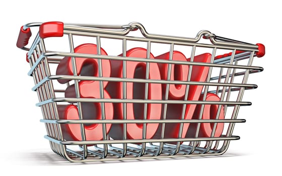 Steel shopping basket 30 PERCENT sign 3D render illustration isolated on white background