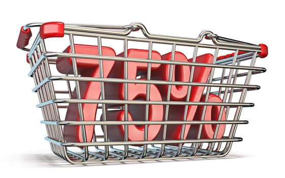 Steel shopping basket 75 PERCENT sign 3D render illustration isolated on white background
