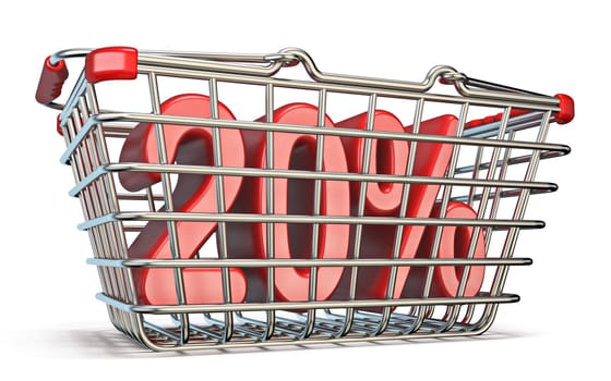 Steel shopping basket 20 PERCENT sign 3D render illustration isolated on white background