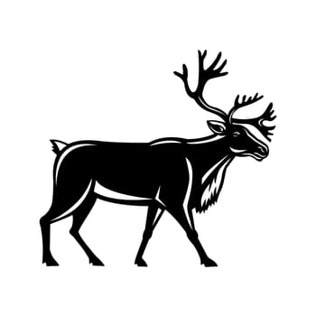 Retro style illustration of a reindeer, also known as the caribou in North America, walking viewed from side on isolated background.