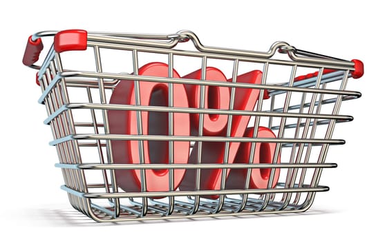 Steel shopping basket 0 PERCENT sign 3D render illustration isolated on white background