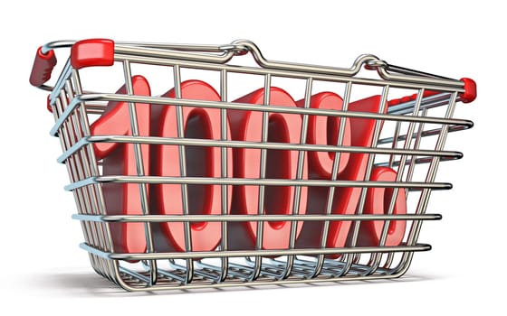 Steel shopping basket 100 PERCENT sign 3D render illustration isolated on white background