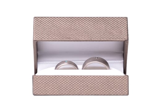 Wedding ring in box, isolated on white background