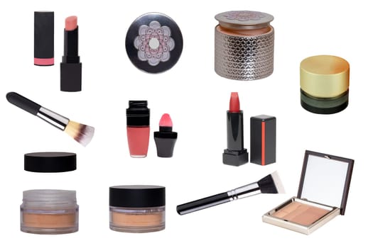 Cosmetic products. Collage Set or collection of cosmetic and beauty products isolated on a white background. Woman accessories.