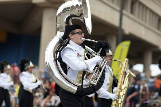 Indianapolis, Indiana, USA - May 26, 2018, Members of the Speedway High School Marching Band perform  at the Indy 500 Parade
