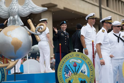 Indianapolis, Indiana, USA - May 26, 2018, Afloat carrying members of the US Military going down the street at the Indy 500 Parade