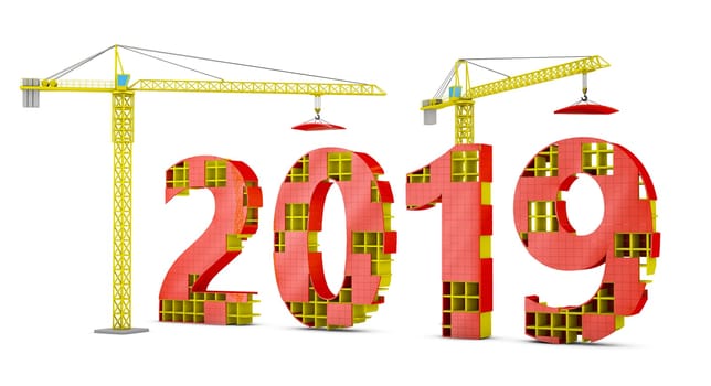 Two tower cranes building a volumetric figure of 2019. 3d render.