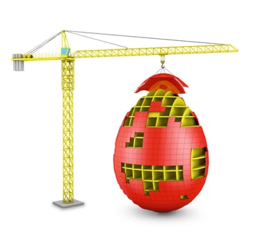 The tower crane builds a red egg. 3d render.