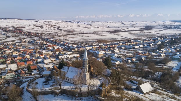 aerial view of Altana fortified church in Transylvania, Romania
