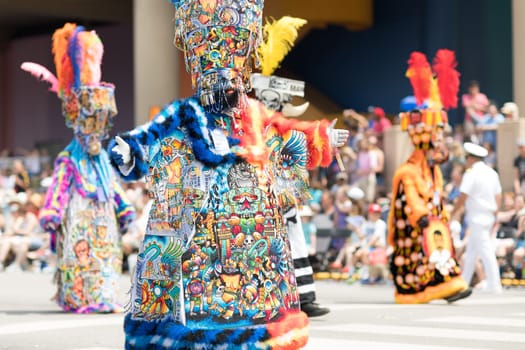 Indianapolis, Indiana, USA - May 26, 2018, Members of the Mexican themed dancing group, Ballet Folklorico Mosaicos, perform at the Indy 500 Parade