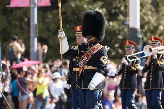 Washington, D.C., USA - April 14, 2018 Members of the USA military marching band in the 2018 National Cherry Blossom Parade