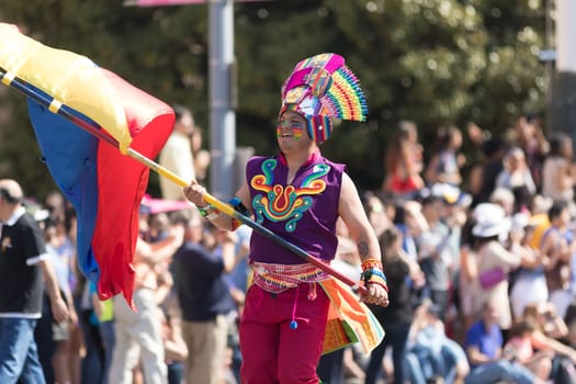 Washington, D.C., USA - April 14, 2018 Members of the Carnival of Pasto Colombia in the 2018 National Cherry Blossom Parade