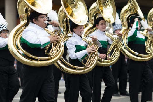 Indianapolis, Indiana, USA - May 26, 2018, Members of the Concord High School Marching Minutemen from Elkhart, Indiana perform at the Indy 500 Parade