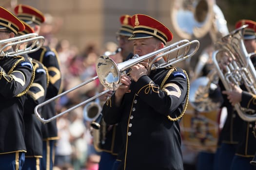 Washington, D.C., USA - April 14, 2018 Members of the USA military marching band in the 2018 National Cherry Blossom Parade
