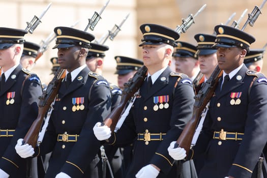 Washington, D.C., USA - April 14, 2018 Members of the USA military marching in the 2018 National Cherry Blossom Parade