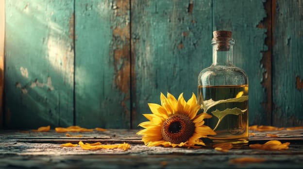 Sunflower oil extract in small bottle on wooden table, Generative AI, food