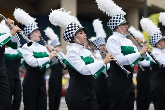 Indianapolis, Indiana, USA - May 26, 2018, Members of the Concord High School Marching Minutemen from Elkhart, Indiana perform at the Indy 500 Parade