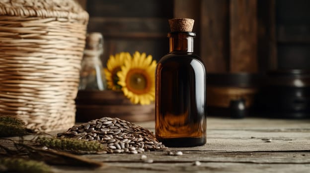 Sunflower oil extract in small bottle on wooden table, Generative AI, food