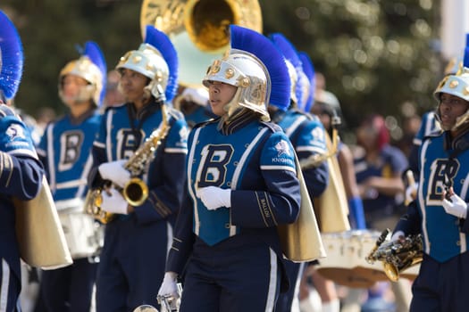 Washington, D.C., USA - April 14, 2018 Ballou High School Majerstic Knights Marching Band in the 2018 National Cherry Blossom Parade