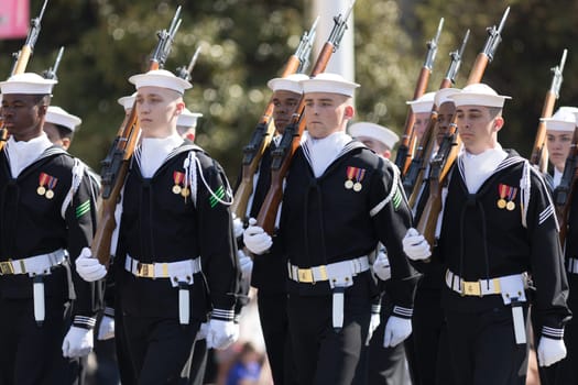 Washington, D.C., USA - April 14, 2018 Members of the USA military marching in the 2018 National Cherry Blossom Parade