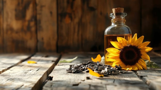 Sunflower oil extract in small bottle on wooden table, Generative AI, food