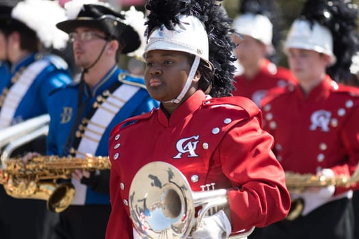 Washington, D.C., USA - April 14, 2018 Glynn Academy Marching Band in the 2018 National Cherry Blossom Parade