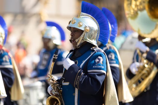 Washington, D.C., USA - April 14, 2018 Ballou High School Majerstic Knights Marching Band in the 2018 National Cherry Blossom Parade