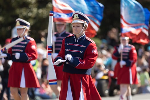 Washington, D.C., USA - April 14, 2018 Austintown Fitch High School Marching Band in the 2018 National Cherry Blossom Parade