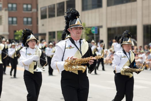 Indianapolis, Indiana, USA - May 26, 2018, Members of the Speedway High School Marching Band perform  at the Indy 500 Parade