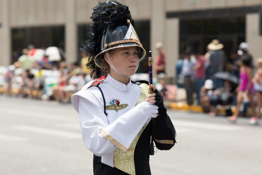 Indianapolis, Indiana, USA - May 26, 2018, Members of the Speedway High School Marching Band perform  at the Indy 500 Parade
