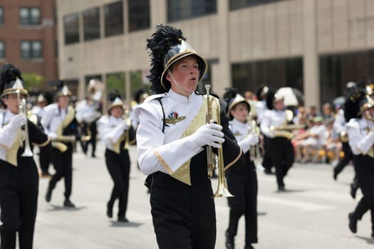Indianapolis, Indiana, USA - May 26, 2018, Members of the Speedway High School Marching Band perform  at the Indy 500 Parade