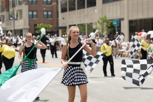 Indianapolis, Indiana, USA - May 26, 2018, Members of the Speedway High School Marching Band perform  at the Indy 500 Parade