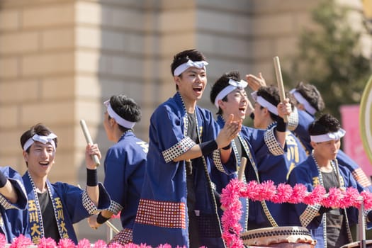 Washington, D.C., USA - April 14, 2018 Japanese Traditional music band playing in the 2018 National Cherry Blossom Parade