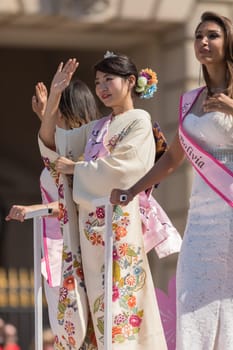 Washington, D.C., USA - April 14, 2018 Cherry Blossom Princesses in the 2018 National Cherry Blossom Parade