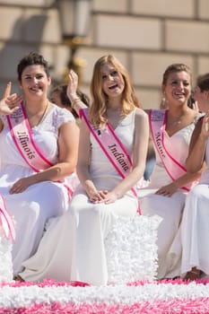 Washington, D.C., USA - April 14, 2018 Cherry Blossom Princesses in the 2018 National Cherry Blossom Parade